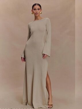 Meshki Beige Long Sleeve Maxi Dress with Side Slit